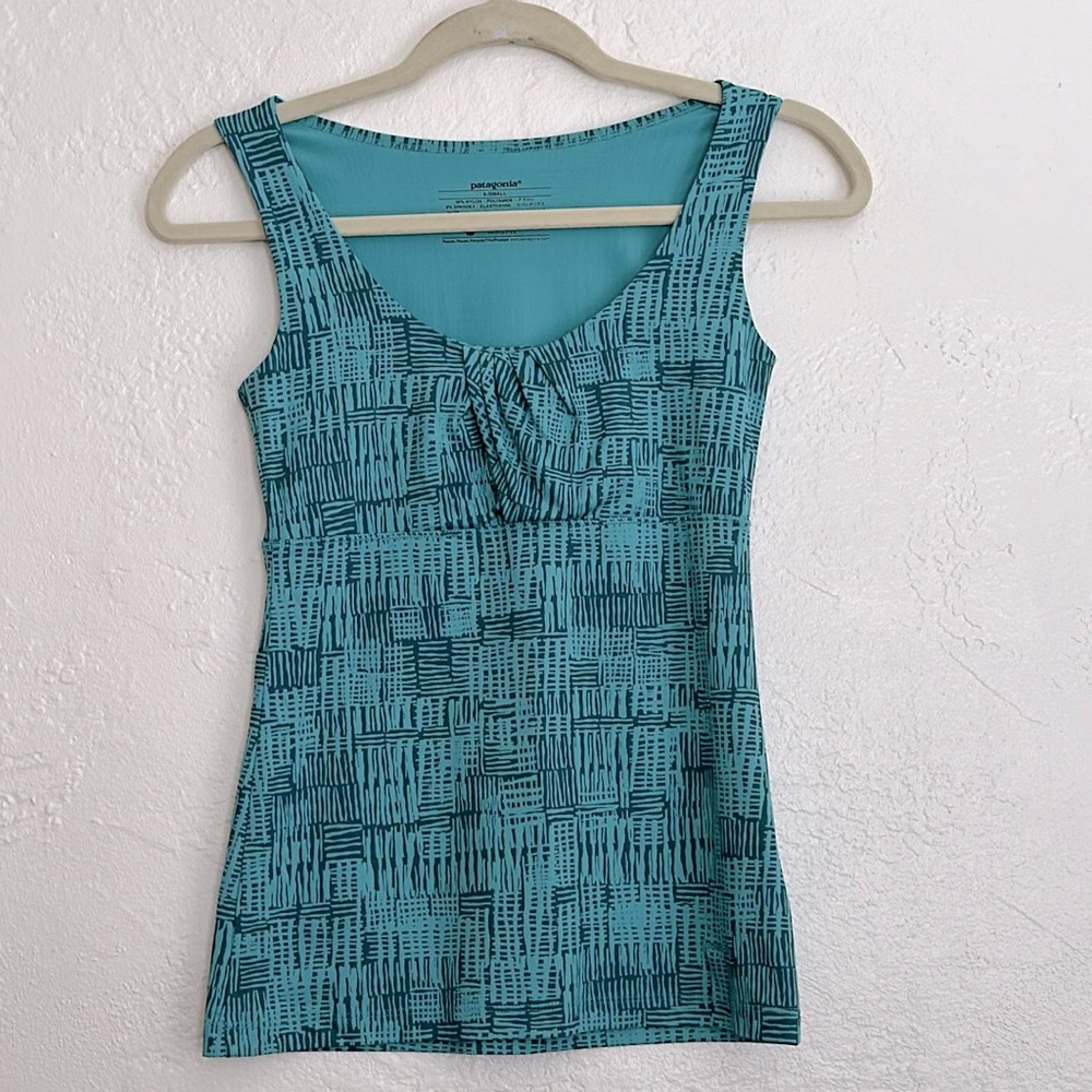Patagonia, a bandha nylon stretch tank in light teal and blue gray print